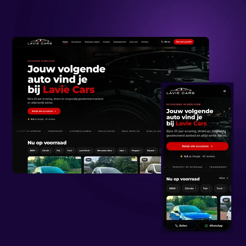 Website van Lavie Cars met de actuele voorraad